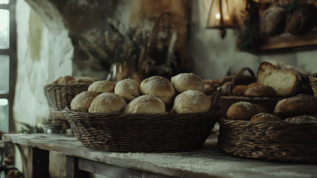 A charming display of freshly baked artisan bread rolls in rustic baskets set on a wooden table, showcasing a warm and inviting bakery atmosphere.の素材