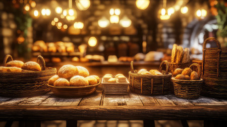 A charming bakery scene showcasing an array of freshly baked breads and pastries displayed on wooden tables. The warm lighting enhances the rustic atmosphere, inviting patrons to indulge in the delightful treats. Perfect for food-related themes.の素材