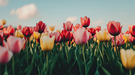 A stunning view of a vibrant tulip field showcasing red, pink, and yellow blooms under a clear blue sky. Perfect for capturing spring's essence.の素材