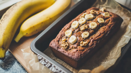 This image showcases a freshly baked loaf of banana bread topped with sliced bananas and walnuts, paired with ripe bananas, creating a cozy kitchen scene.の素材