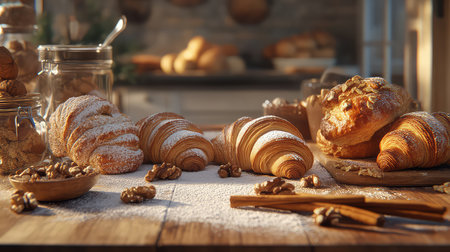 A stunning arrangement of freshly baked pastries featuring croissants and walnut pastries dusted with powdered sugar, perfect for morning delight.の素材