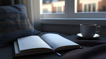 A serene reading nook features an open book beside a steaming cup of coffee on a soft surface with plush pillows and sunlight filtering through a window.の素材