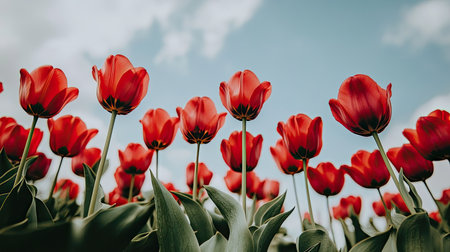 A stunning view of vibrant red tulips reaching for the clear blue sky, surrounded by fluffy white clouds, perfectly capturing the essence of spring.の素材