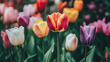 A stunning display of vibrant tulips in various colors showcasing the beauty of spring. This serene garden scene captures the essence of natureの素材