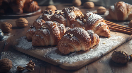 A delightful arrangement of freshly baked croissants adorned with walnuts and a dusting of powdered sugar, set on a wooden surface, captures the essence of comfort and indulgence in a cozy bakery atmosphere.の素材