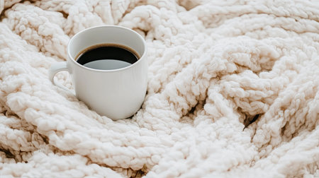 A tranquil scene featuring a white coffee cup placed on a fluffy knitted blanket, creating a cozy atmosphere perfect for serene mornings and relaxation moments.の素材
