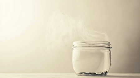 A clear glass jar with steam rising from inside, evoking warmth and comfort, ideal for wellness, home decor, and minimalistic themes in photography.の素材