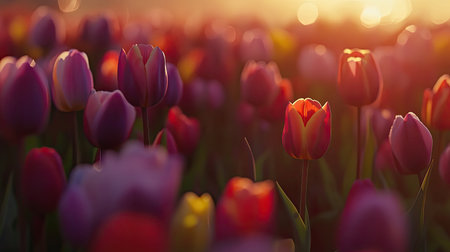 A stunning field of tulips showcases vibrant colors at sunset, highlighting nature's beauty in a serene setting. Perfect for seasonal themes.の素材