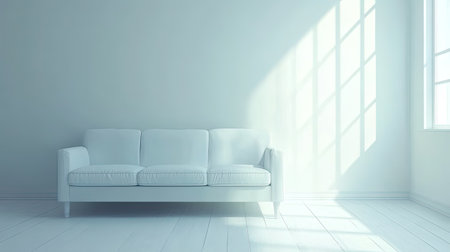 This image depicts a minimalist living room featuring a comfortable white sofa against a soft, light backdrop. Natural light floods the space, creating a serene atmosphere perfect for relaxation.の素材