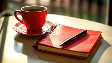 A cozy morning setup featuring a vibrant red coffee cup, a notepad, and a pen, elegantly arranged on a softly lit table, perfect for creative moments.の素材