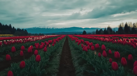 This stunning landscape features a vibrant red tulip field stretching towards the horizon, framed by lush greenery and dramatic clouds overhead.の素材