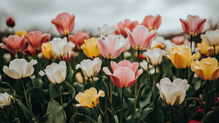 This stunning image captures a vibrant array of tulips in various colors, flourishing in a lush garden setting under a cloudy sky, evoking a sense of tranquility and beauty.の素材