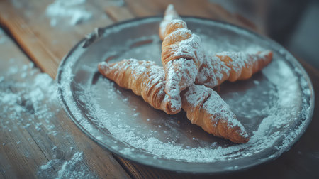 This image features freshly baked pastries beautifully arranged on a vintage plate, dusted with powdered sugar, showcasing a rustic charm.の素材