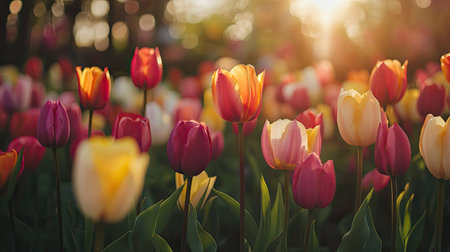 A stunning display of blooming tulips in vibrant colors captures the beauty of nature at sunset. The soft light enhances the serene atmosphere of the garden scene.の素材