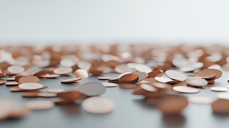 This image features a close-up view of scattered copper coins on a dark surface. The soft lighting adds a warm touch, creating a perfect backdrop for financial concepts and themes related to savings and investment.の素材
