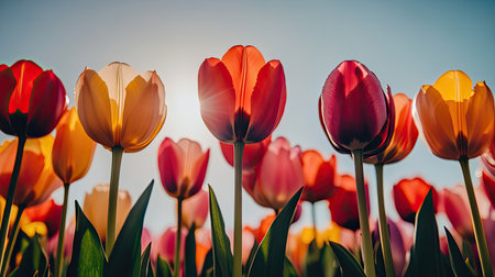 A stunning view of a vibrant field filled with colorful tulip blooms, basking in bright sunlight under a clear blue sky, showcasing nature's beauty.の素材