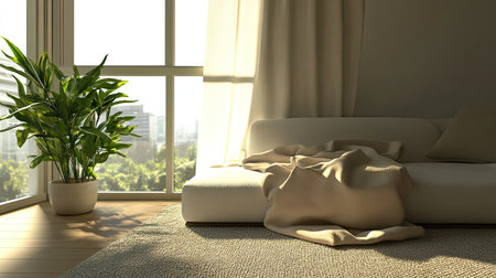 A bright and inviting modern living room featuring a soft couch, delicate blanket, and an indoor plant, creating a serene atmosphere full of natural light.の素材