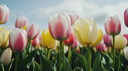 A stunning view of a tulip field showcases a variety of blooms in vibrant shades of pink, yellow, and white under a bright blue sky, perfect for spring.の素材