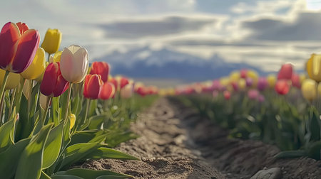 A stunning scene featuring a vibrant field of tulips in a variety of colors, set against a majestic mountain backdrop under a dynamic sky.の素材