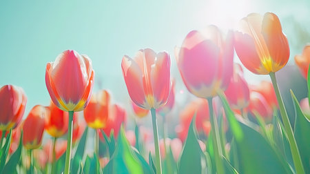 A stunning close-up of vibrant tulips basking in bright sunlight, showcasing their delicate petals and rich colors, perfect for spring-themed imagery.の素材