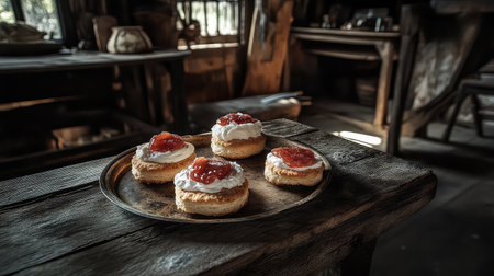 A charming display of freshly baked vanilla cupcakes, elegantly topped with whipped cream and strawberry jam, set inside a cozy rustic cabin.の素材