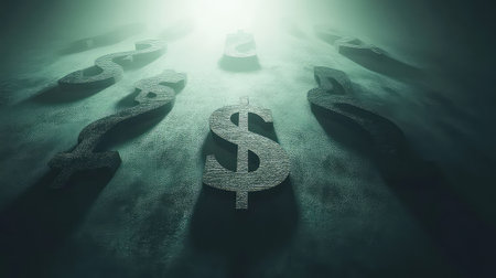 This image represents the abstract concept of finance and wealth, featuring dollar and currency symbols in a mysterious atmosphere, perfect for financial themes.の素材