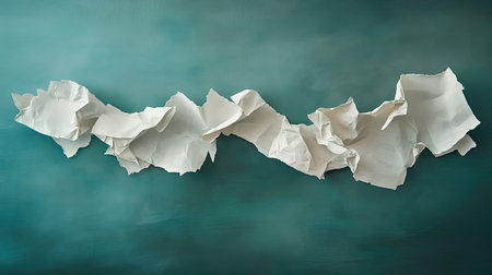 A dynamic composition featuring crumpled white paper with torn edges creates an artistic wave against a calming teal background, perfect for creative projects.の素材