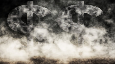 This creative stock photo features large dollar signs enveloped in mist and smoke, set against a dark background, symbolizing financial concepts and wealth.の素材