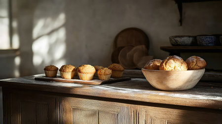 A serene kitchen scene featuring freshly baked muffins arranged on a wooden table, illuminated by warm natural light, creating a cozy atmosphere ideal for baking.の素材