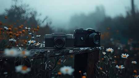 A captivating scene featuring a vintage camera and a modern camera resting on a weathered wooden post amidst a field of wildflowers in a foggy landscape.の素材