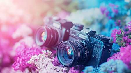 Capture the essence of creativity with this stunning image of vintage cameras nestled in a vibrant floral environment, perfect for photography and nature enthusiasts.の素材
