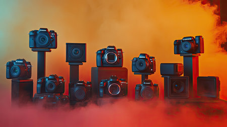 A vibrant arrangement of professional cameras and photography equipment displayed on various stands, set against a colorful misty background for artistic effect.の素材