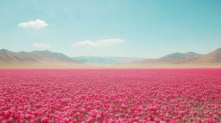 A breathtaking view of a vast field covered in vibrant pink flowers under a clear blue sky, bordered by distant mountains, capturing serene beauty in nature.の素材