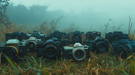 A diverse array of vintage and modern cameras is displayed in a misty outdoor setting, showcasing different styles and textures. Ideal for photography enthusiasts.の素材