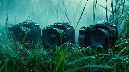 This captivating image showcases three digital cameras nestled in dewy grass, enveloped in a mystical foggy backdrop, ideal for photography enthusiasts.の素材