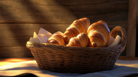 A beautifully arranged basket of freshly baked croissants, highlighting their golden, flaky texture under warm lighting, perfect for breakfast settings.の素材