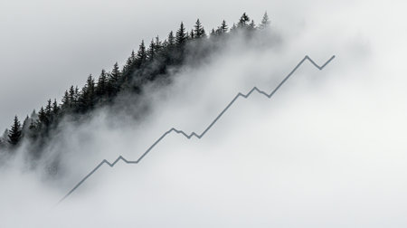 A serene mountain landscape shrouded in mist, featuring a growth graph overlay symbolizing the connection between nature and economic trends.の素材