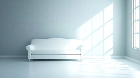 A serene and bright interior showcasing a white sofa against a soft wall, illuminated by natural light from large windows, exuding minimalist elegance.の素材