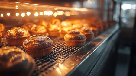 A tempting scene of freshly baked muffins cooling in a bakery display, showcasing golden tops and a warm ambiance ideal for any bakery or cafe setting.の素材