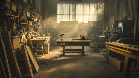 A tranquil woodworking workshop illuminated by soft sunlight filtering through dusty windows, showcasing tools and materials that inspire creativity and craftsmanship.の素材