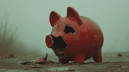 A broken red piggy bank sits on a foggy road, surrounded by coins, emphasizing themes of financial struggle and lost savings. This striking image captures the essence of challenges faced in personal finance.の素材