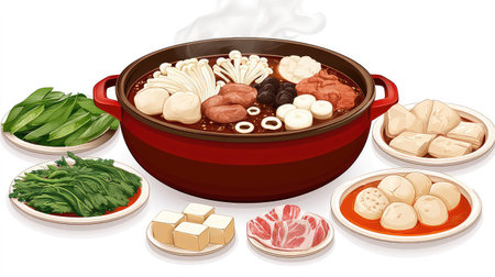 This illustration features a vibrant hot pot filled with various fresh ingredients such as meat, mushrooms, and vegetables, creating a delicious and cozy dining experience.の素材