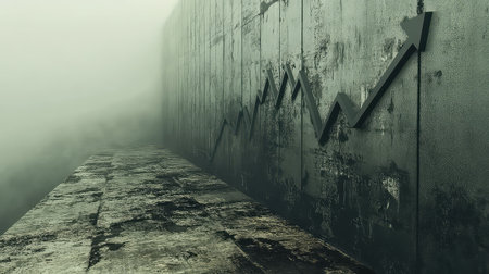 This captivating image features a rising trend graph against a foggy wall, symbolizing growth and potential in a mysterious and abstract environment.の素材
