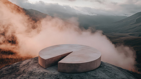 A striking abstract concrete sculpture rests on a mountain peak, surrounded by fog and gentle clouds. The serene landscape captures the essence of nature's beauty.の素材