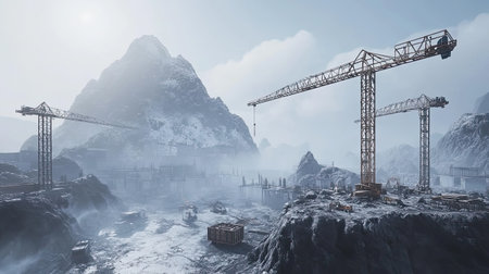 A striking winter construction scene featuring towering cranes amidst snowy mountains. The misty landscape adds depth to the industrial environment, showcasing an active building site.の素材
