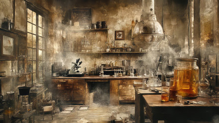 This image showcases a vintage laboratory filled with various scientific equipment, glass containers, and rustic decor, creating a mysterious and atmospheric setting ideal for creative projects.の素材