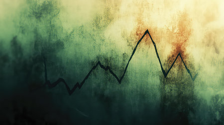 This abstract image features a dynamic financial graph with fluctuating lines overlaying a textured background, ideal for themes of finance and analytics.の素材
