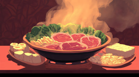 A beautifully arranged hot pot setup featuring sizzling meat and fresh vegetables, evoking warmth and togetherness in a culinary experience perfect for sharing.の素材