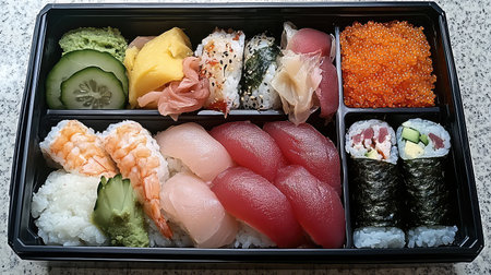 This image showcases a beautifully arranged sushi bento box filled with fresh sushi, sashimi, and vegetables, perfect for a delightful Japanese dining experience.の素材
