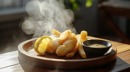 A steaming plate of fish and chips garnished with a slice of fresh lemon and a small bowl of dipping sauce, beautifully presented on a wooden plate.の素材